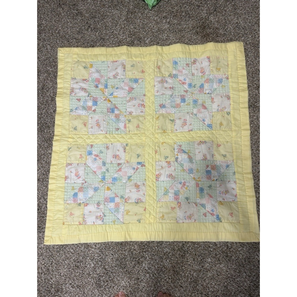 Vintage Handmade Quilt Baby Blanket Crib 37"x37" Pastel Cottagecore 80's EUC